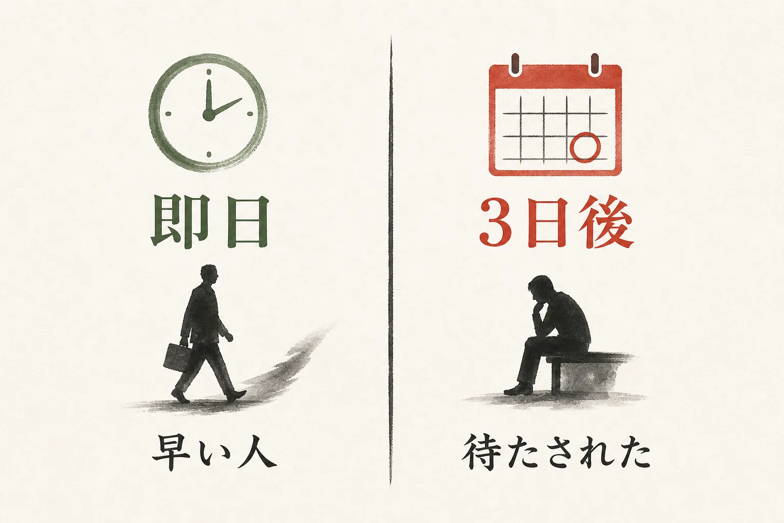 即日返信と3日後返信で相手の受け止め方が変わることを示す比較図