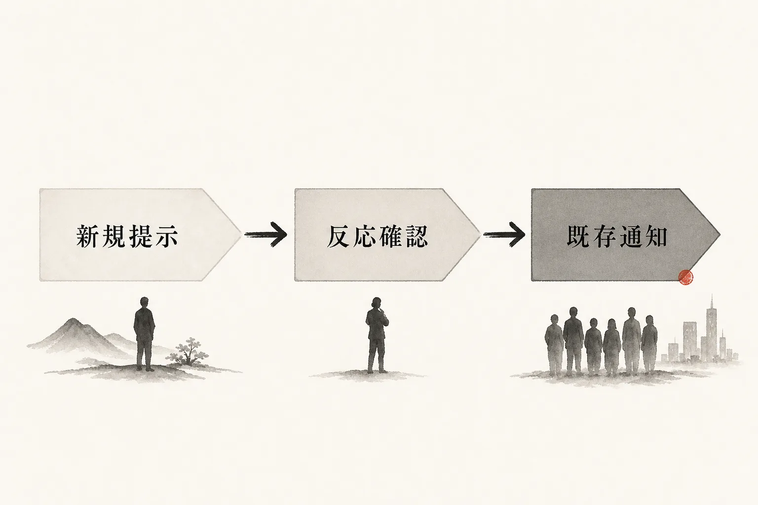 新規提示→反応確認→既存客への通知という3ステップの順番を示す図解