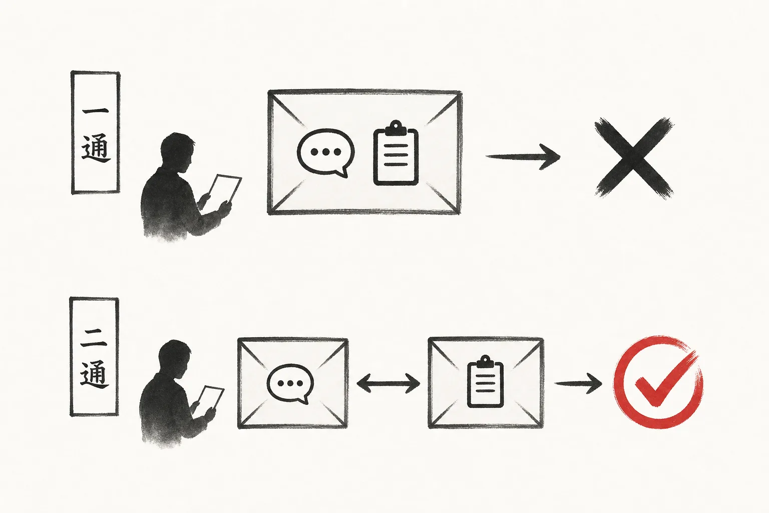一通型と二通型で読まれ方が変わることを示す比較図