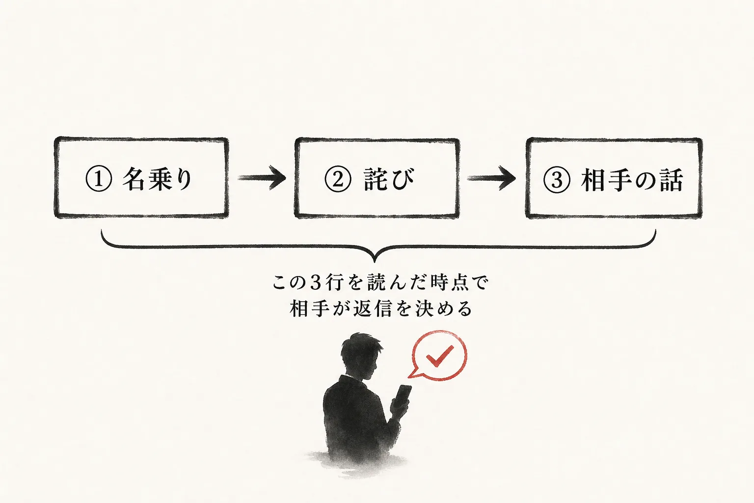 書き出し3行の型(名乗り→詫び→相手の話)を示す図