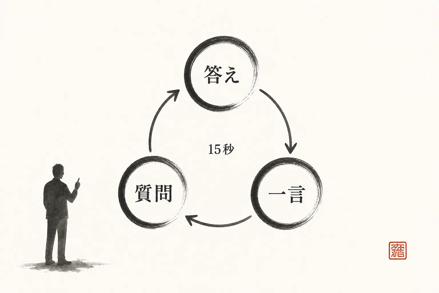 答え→一言→質問の3ステップが円状に循環する手順図