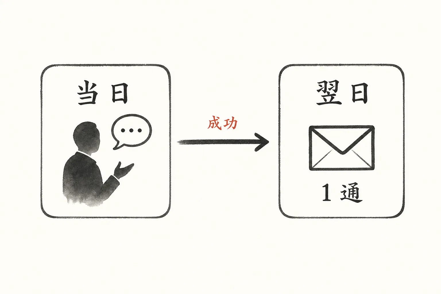 当日の1人と翌日の1通が成果を決める因果関係を示す図