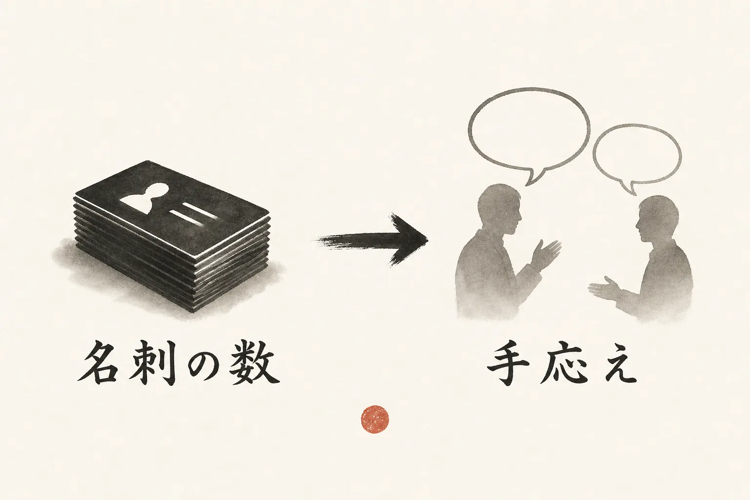 名刺を数える帰り道と手応えのある帰り道を対比する図