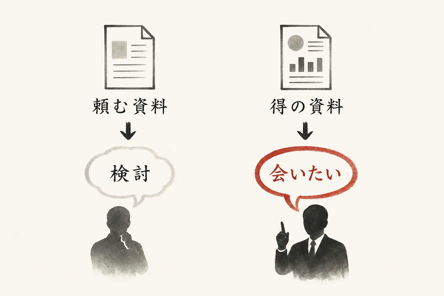 頼み事の資料と相手の得を考えた資料で読み手の反応が違うことを示す比較図