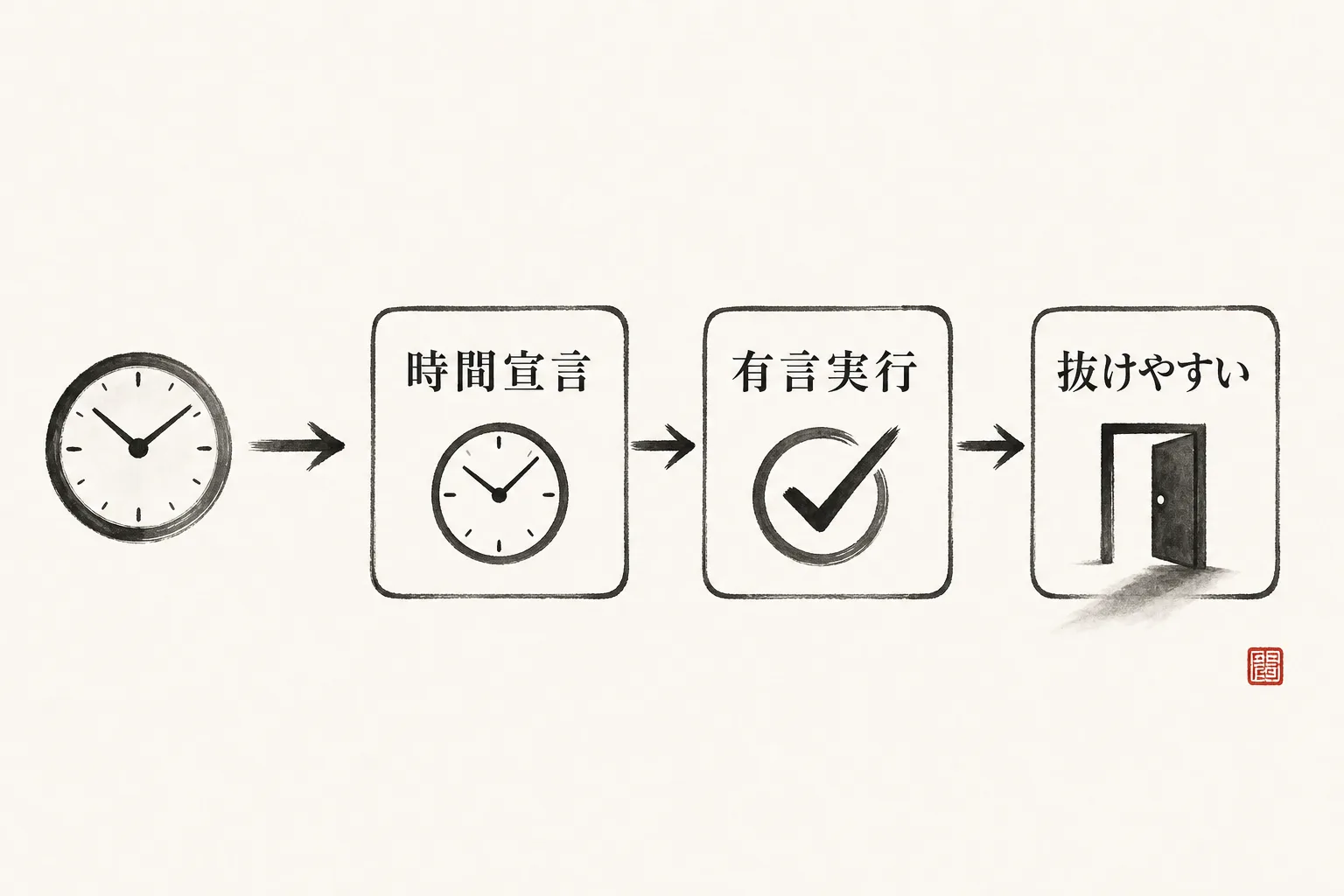 入口で時間を伝えると抜けやすくなる因果関係を示す図