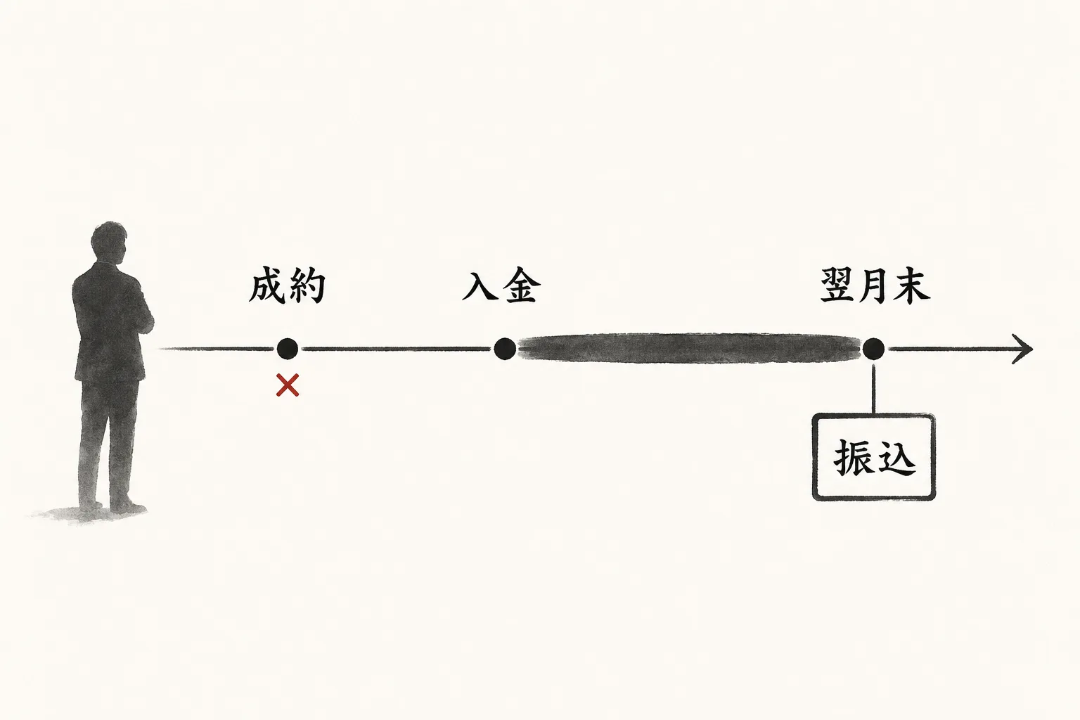 成約時ではなく入金確認後の翌月末に振り込む支払い時期の時間軸図