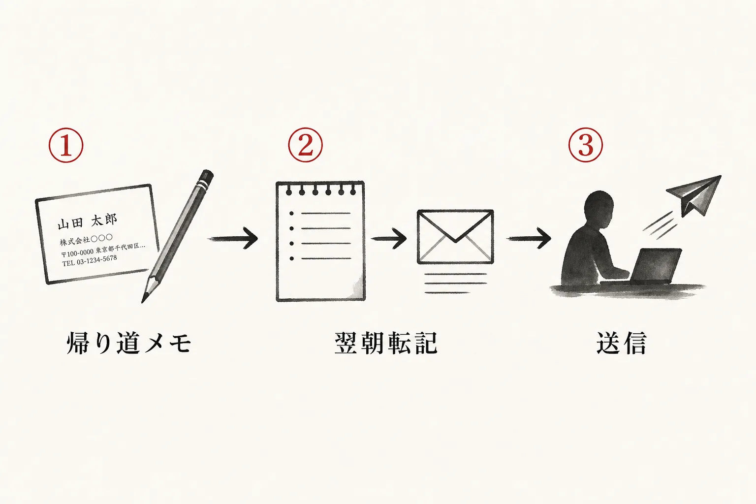 帰り道のメモから送信までの3ステップを示すフロー図