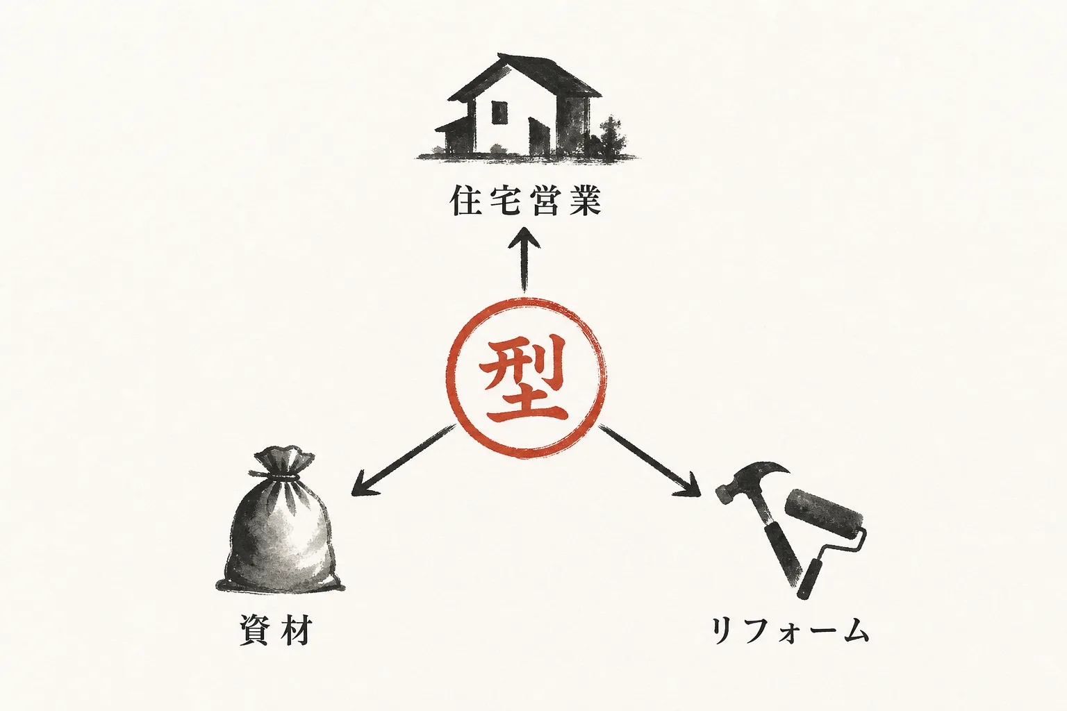 型を中心に住宅営業・資材・リフォームへ矢印が伸びる構造図