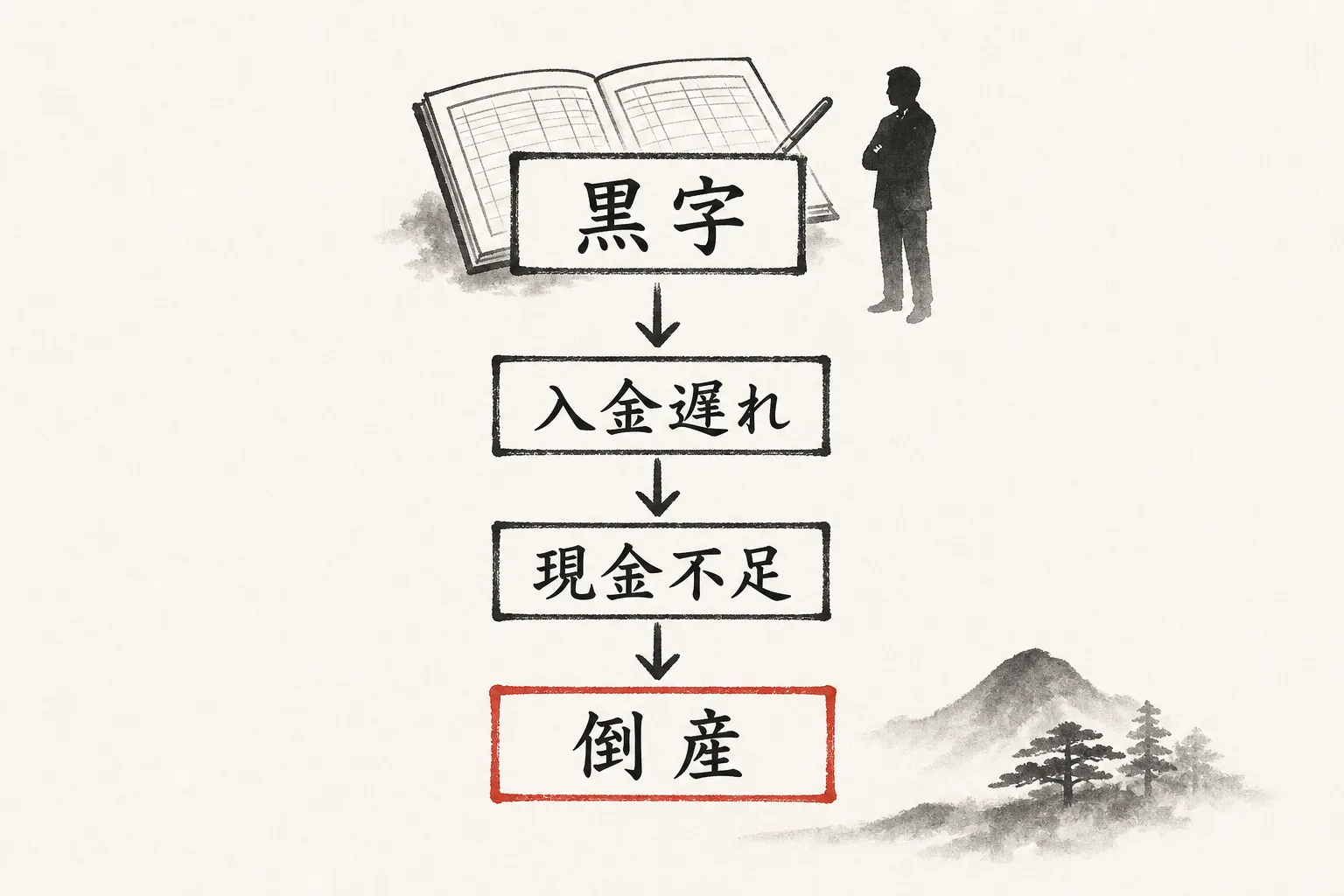 黒字でも入金遅れで現金不足に陥り倒産に至る因果関係を示す図