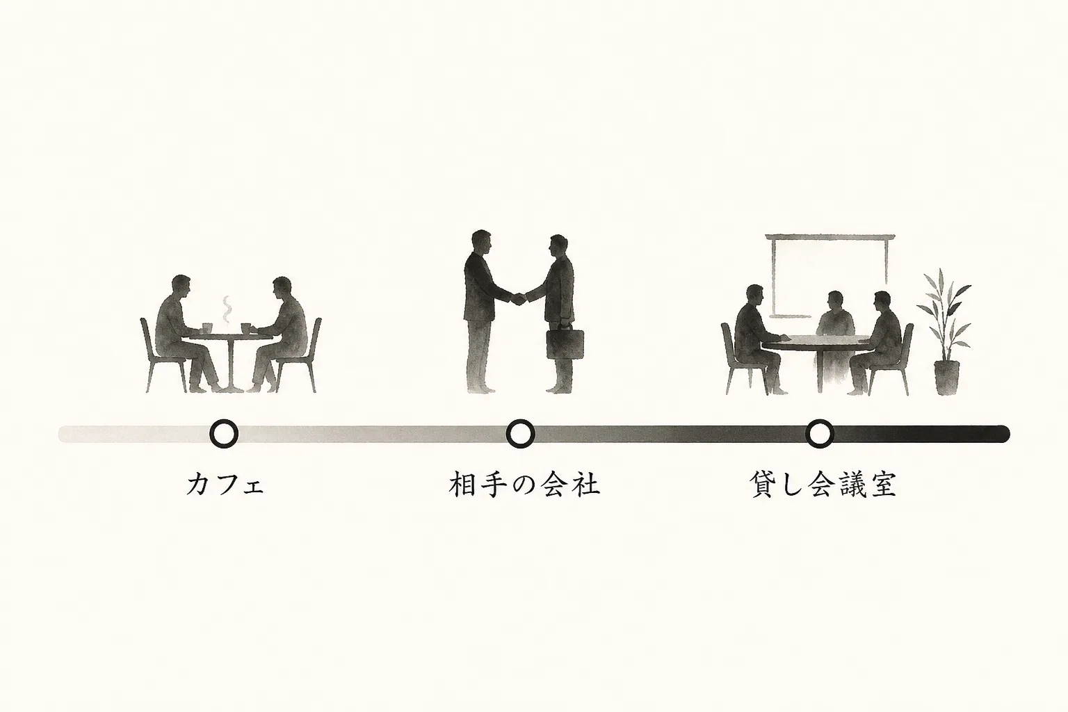 機密度の低から高へカフェ・相手の会社・貸し会議室を並べた選び分け図