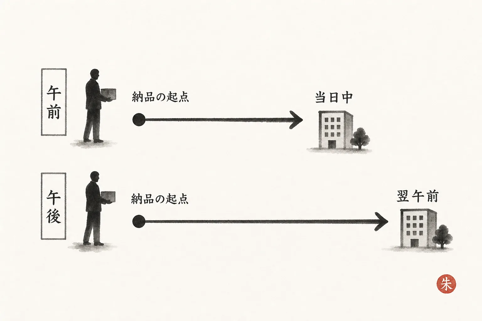 納品時間帯によって返信期限が変わることを示す2本のタイムライン図