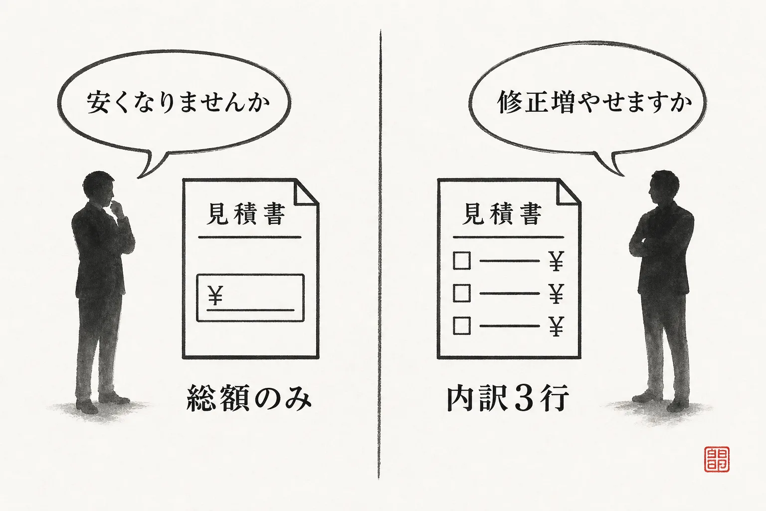 総額のみと内訳提示で相手の反応が変わる比較図