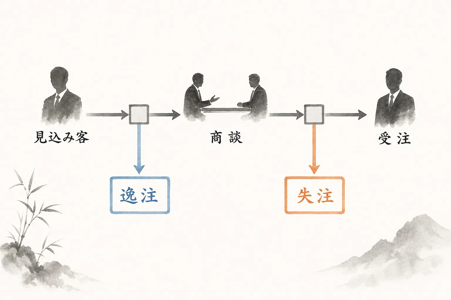 商談プロセス上での失注と逸注の発生位置を示す比較図