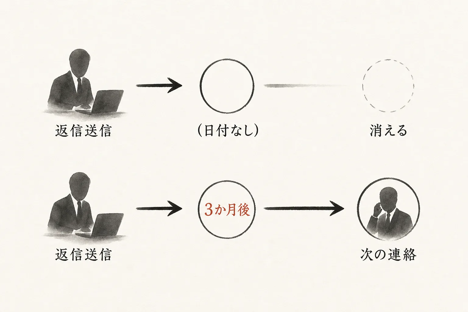 日付の有無で連絡が続くか消えるかを対比するタイムライン図