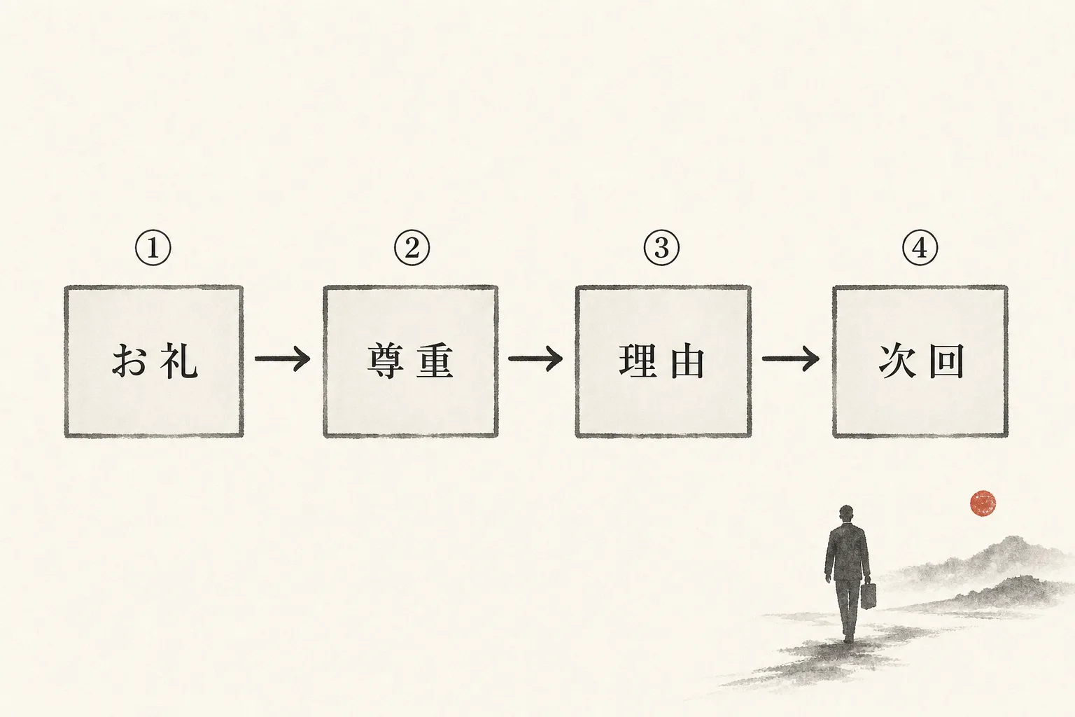 断られた返信を書く4つの手順を示すステップ図