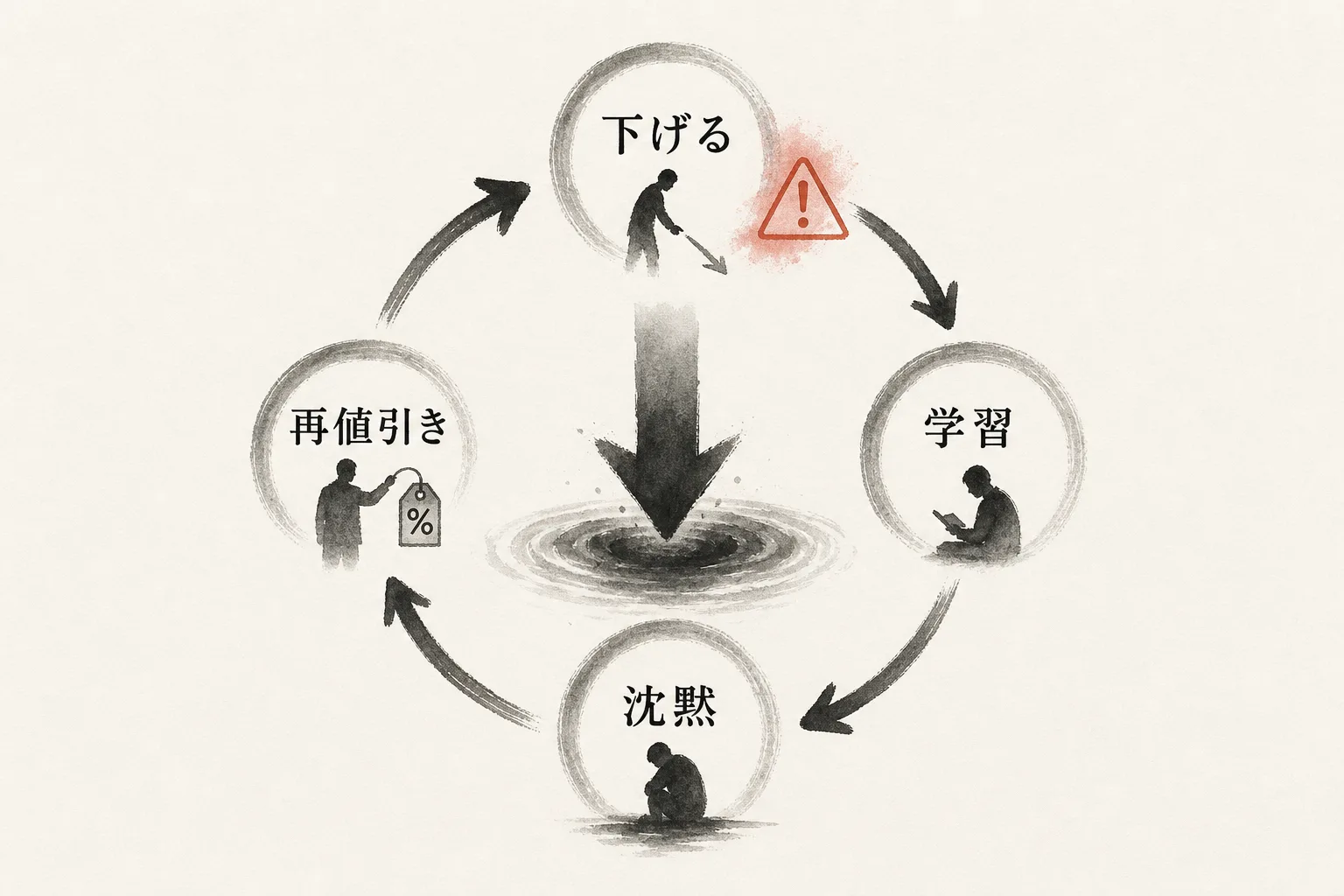 値下げが相手に学習され沈黙の交渉に陥る悪循環を示す図