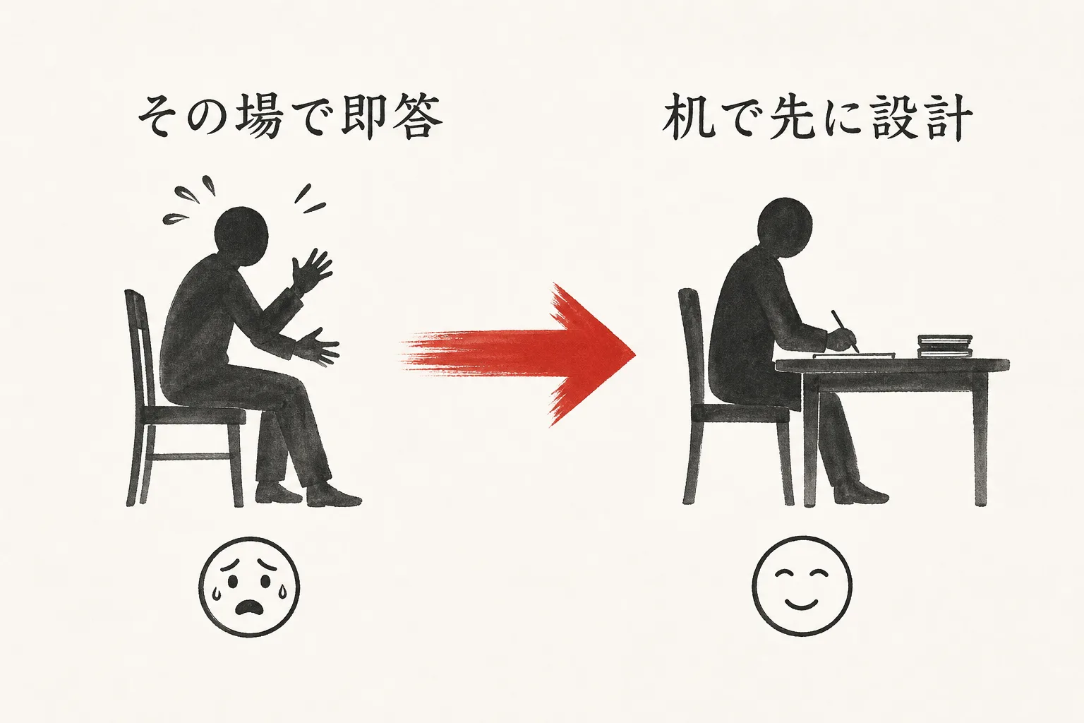その場の椅子で即答する対応と机で事前に決める対応を比べる図
