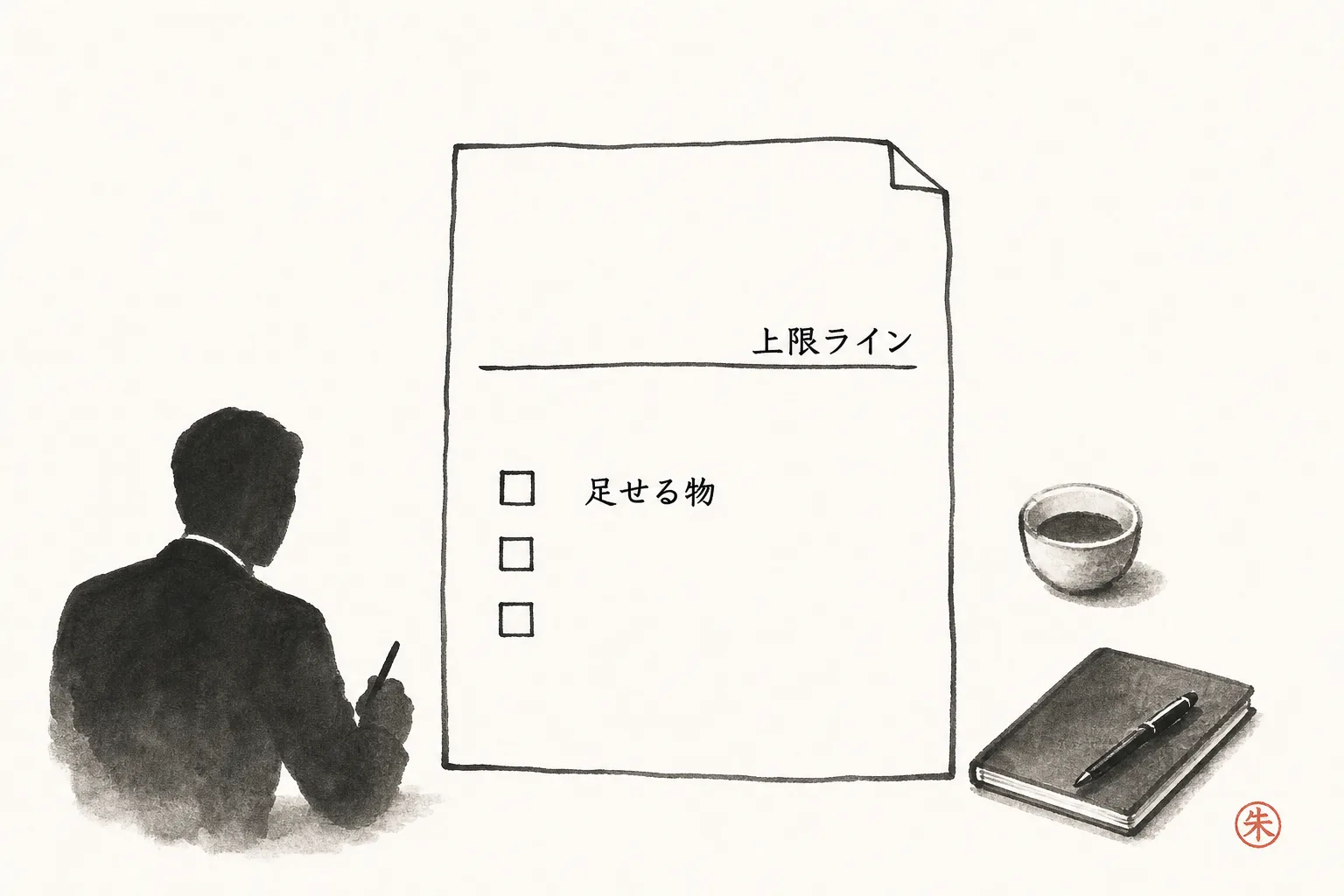 商談前に紙へ上限ラインと足せるものを書き出す準備の型を示す図