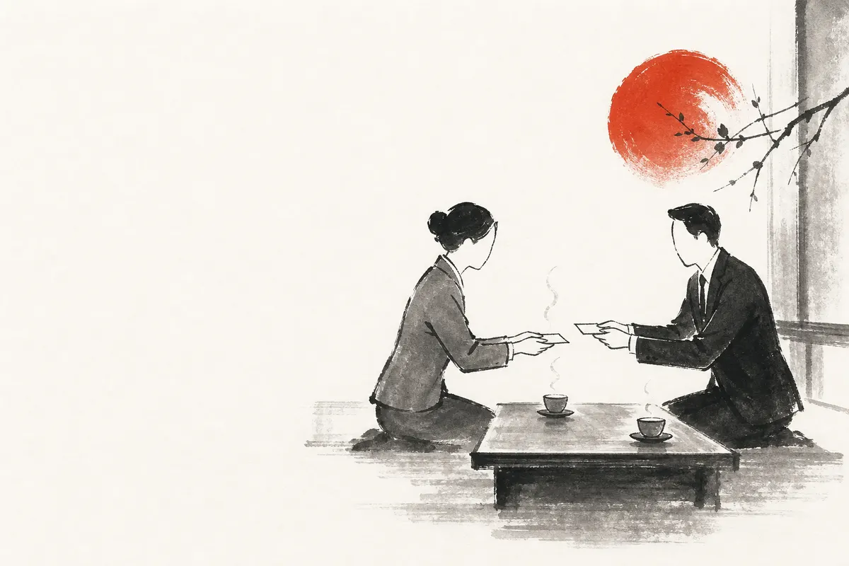 名刺交換の正しいやり方｜渡す順番・タイミング・NG行動のイメージイラスト